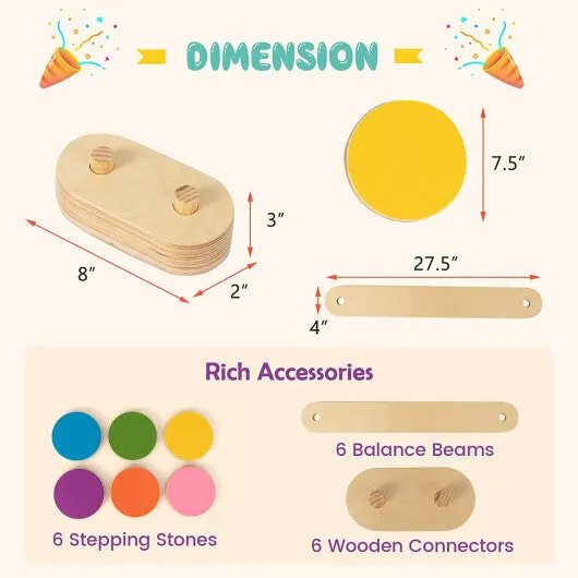 12-Piece Kids Wooden Balance Beam with Colorful Steeping Stones - Color: Natural