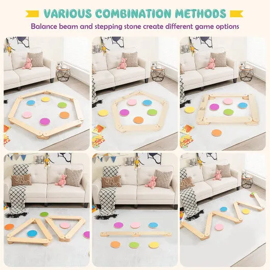 12-Piece Kids Wooden Balance Beam with Colorful Steeping Stones - Color: Natural