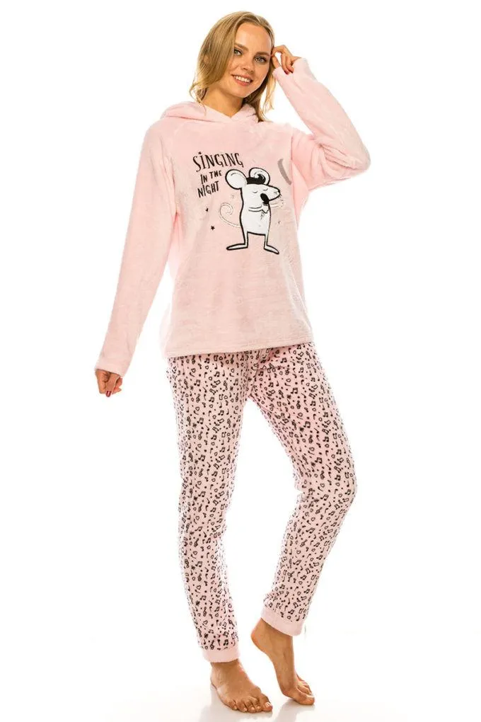 2 pieces pink Hooded Long Sleeve Pullover Sweatshirt and pant Pajama Set_