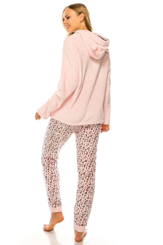 2 pieces pink Hooded Long Sleeve Pullover Sweatshirt and pant Pajama Set_