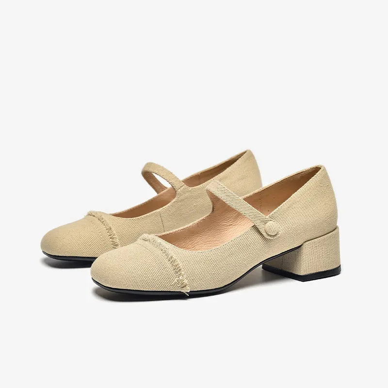 BeauToday Elegant  Denim Block Heeled Pumps Mary Janes for Women