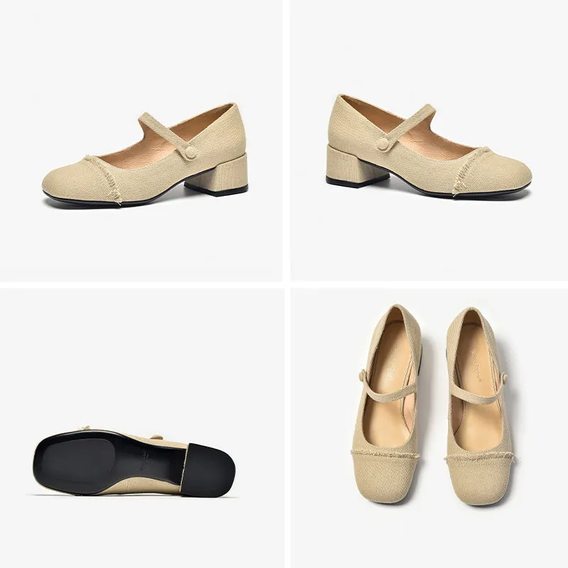 BeauToday Elegant  Denim Block Heeled Pumps Mary Janes for Women