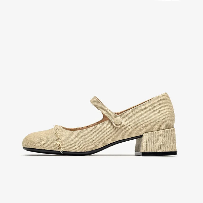 BeauToday Elegant  Denim Block Heeled Pumps Mary Janes for Women