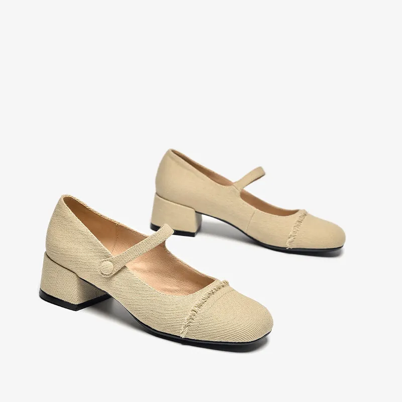 BeauToday Elegant  Denim Block Heeled Pumps Mary Janes for Women