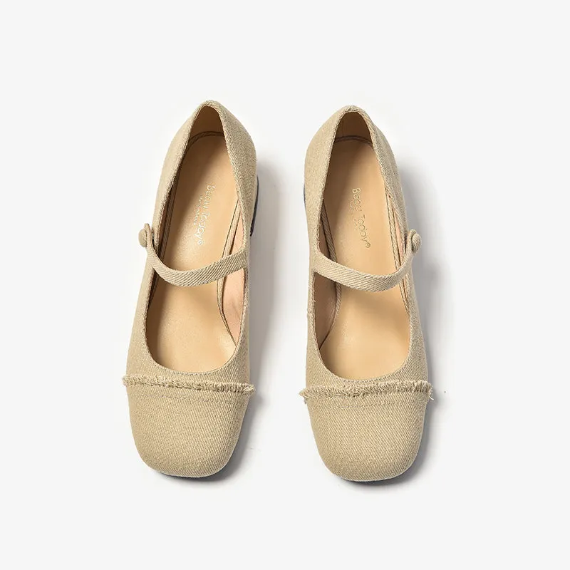 BeauToday Elegant  Denim Block Heeled Pumps Mary Janes for Women