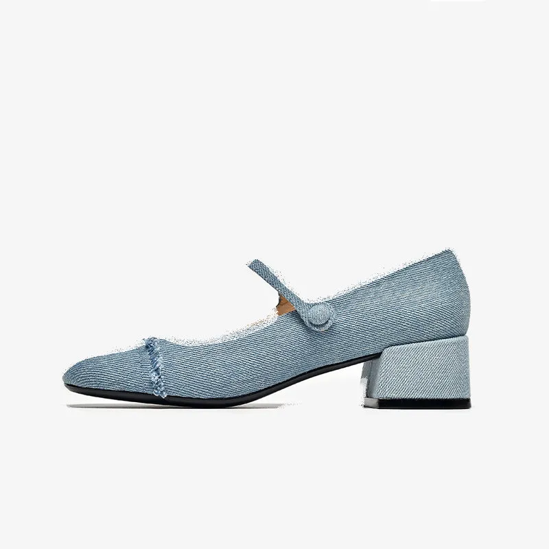 BeauToday Elegant  Denim Block Heeled Pumps Mary Janes for Women