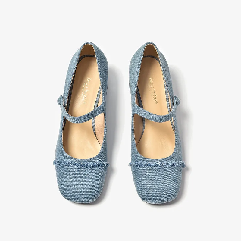 BeauToday Elegant  Denim Block Heeled Pumps Mary Janes for Women