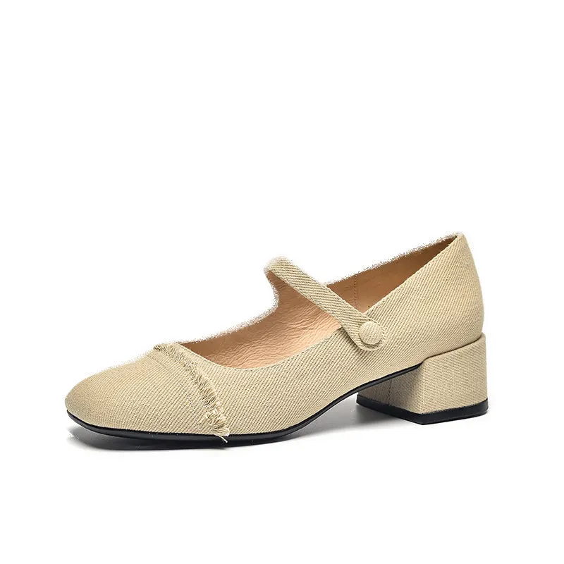 BeauToday Elegant  Denim Block Heeled Pumps Mary Janes for Women