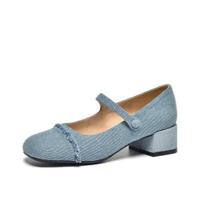 BeauToday Elegant  Denim Block Heeled Pumps Mary Janes for Women