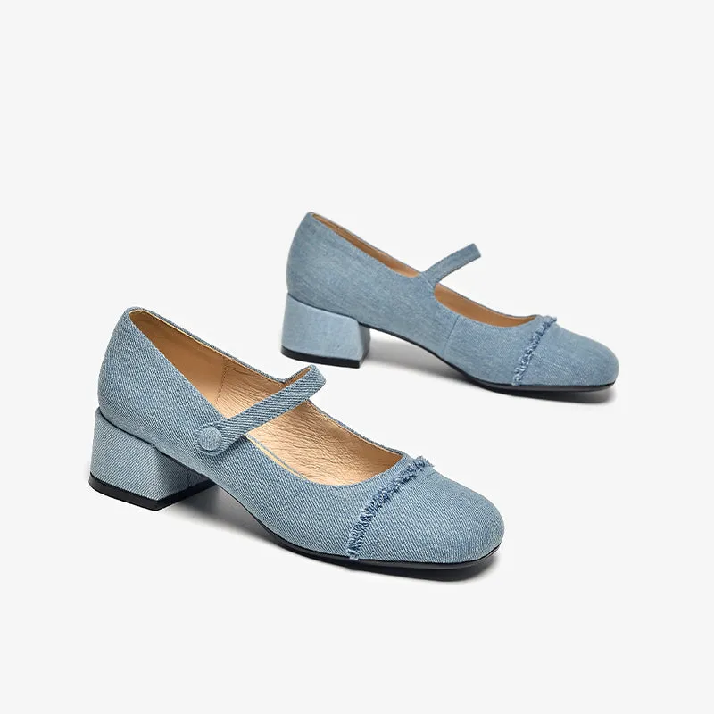 BeauToday Elegant  Denim Block Heeled Pumps Mary Janes for Women