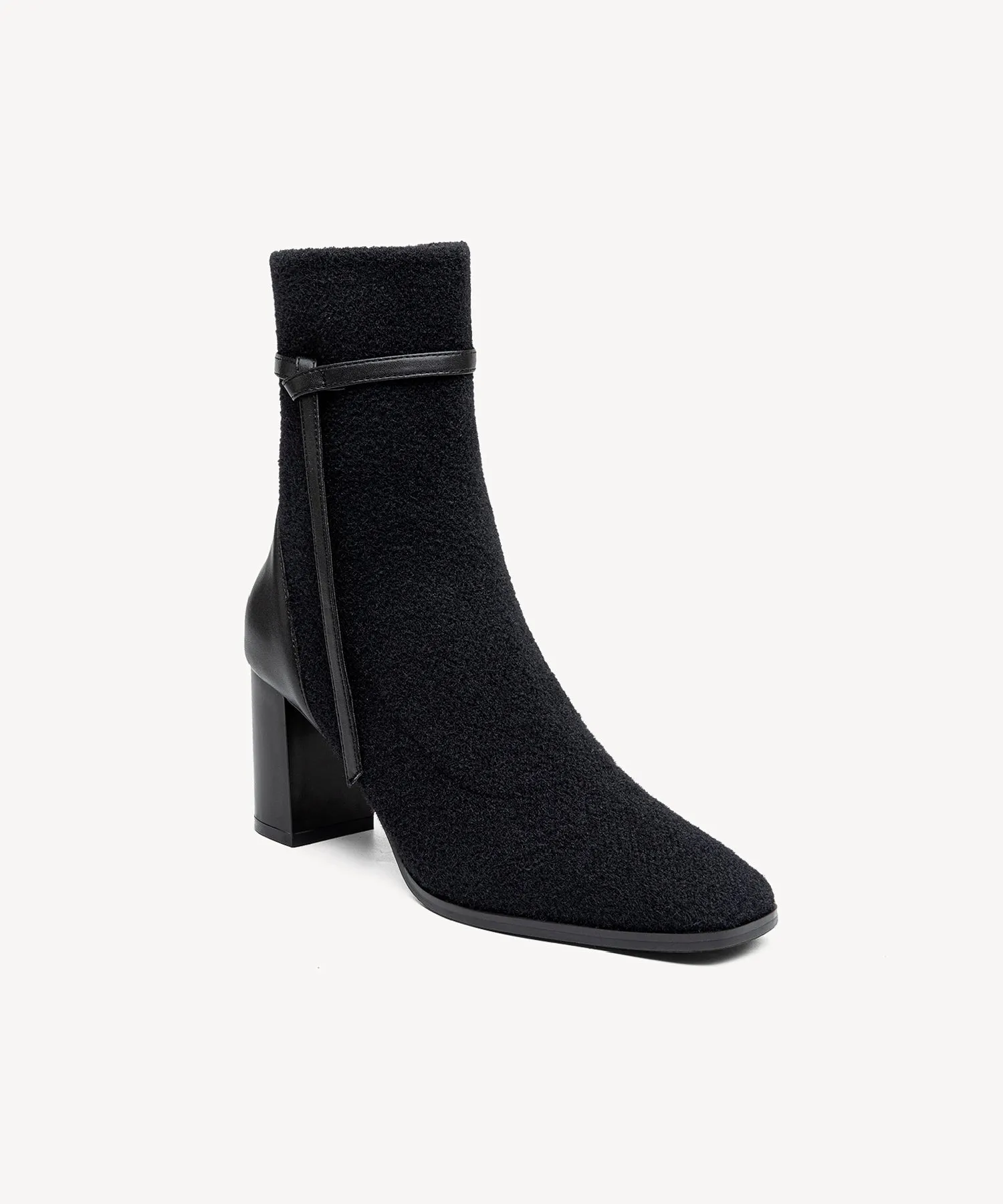 Commute Square Toe Chunky Heeled Ankle Boots  Velvet Black
