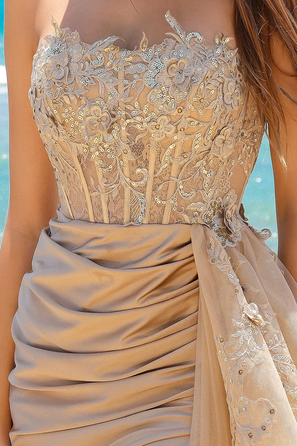 Embroidered Lace Bodice Side Slit Satin Skirt Long Prom Dress