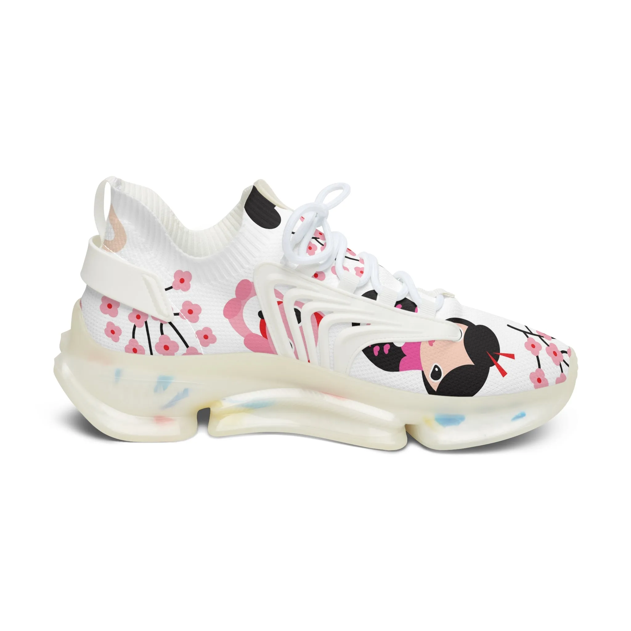 Floral Women's Mesh Sneakers - Cute Panda and Cherry Blossom Design