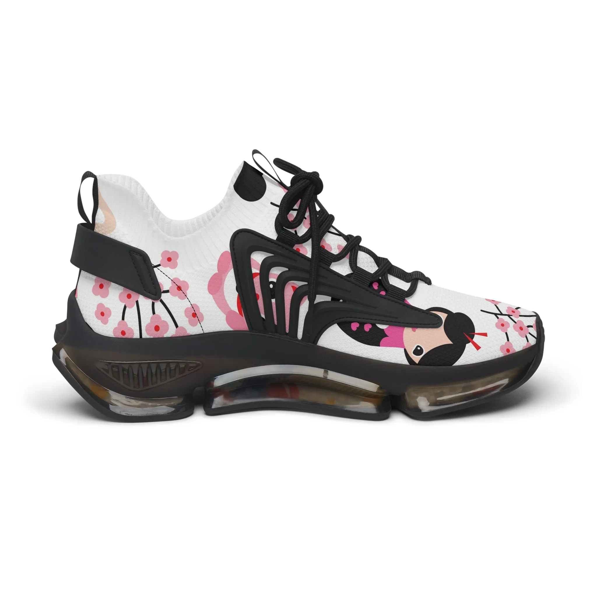 Floral Women's Mesh Sneakers - Cute Panda and Cherry Blossom Design