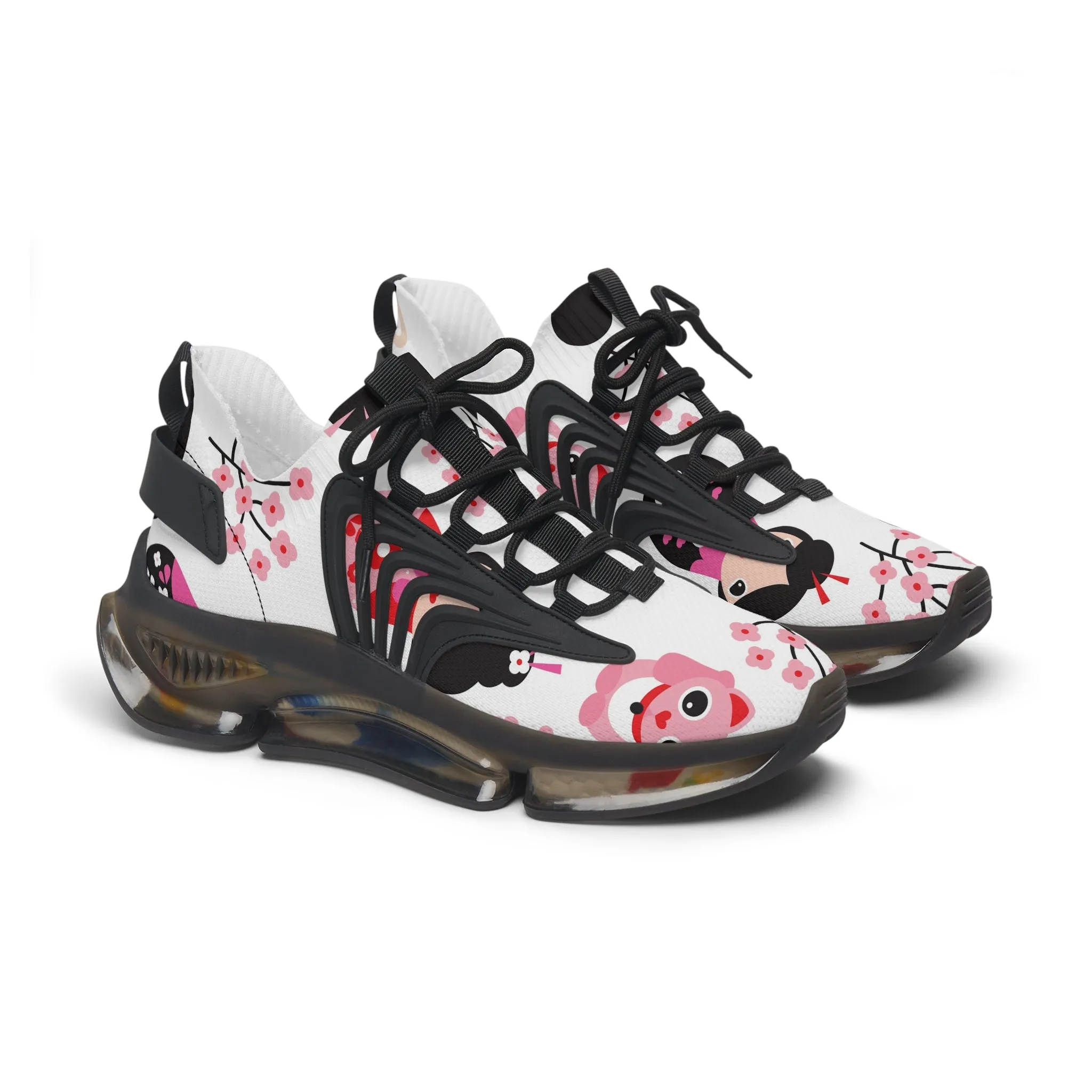 Floral Women's Mesh Sneakers - Cute Panda and Cherry Blossom Design