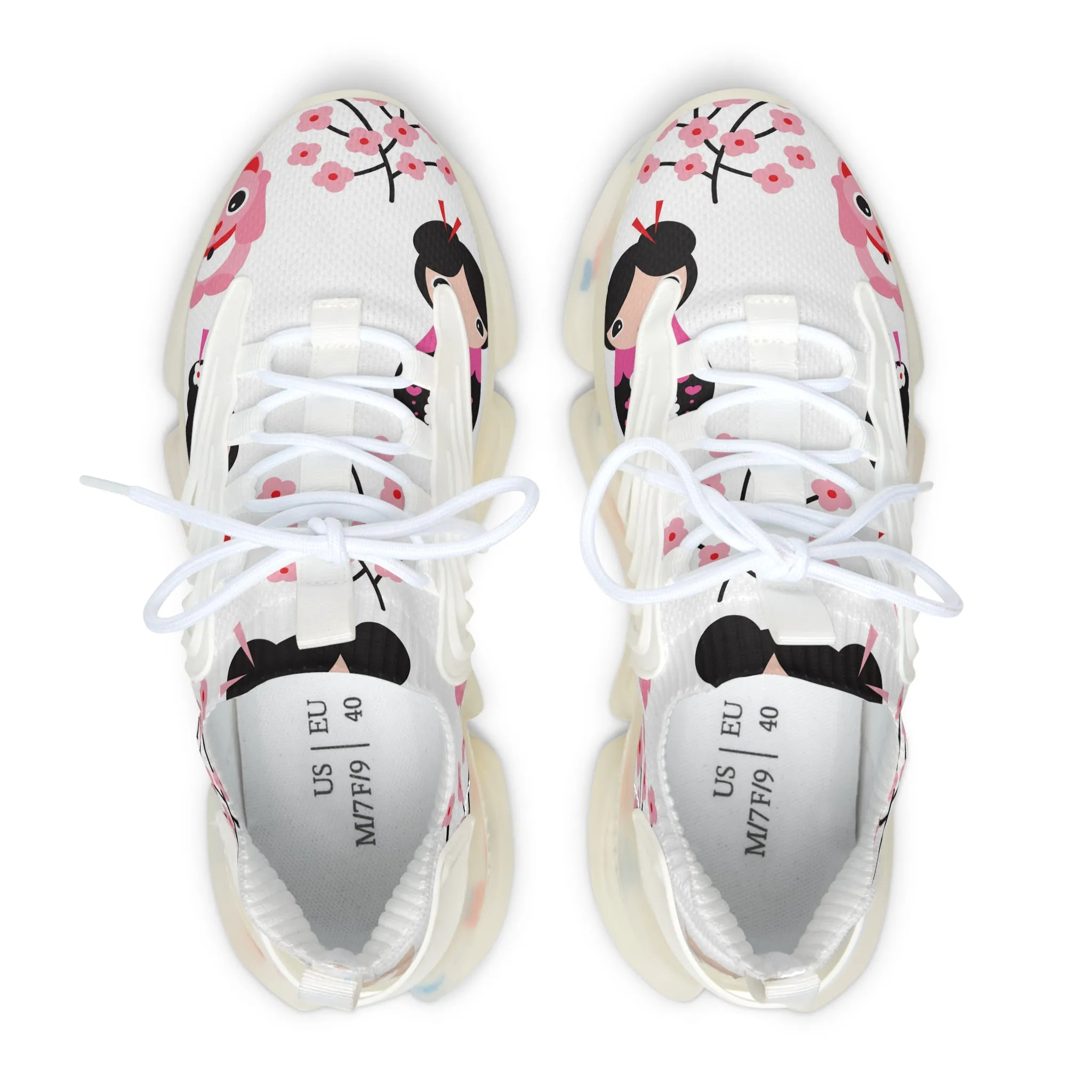 Floral Women's Mesh Sneakers - Cute Panda and Cherry Blossom Design