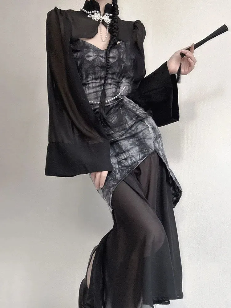 Joskaa 2024 Summer Vintage Black 2 Piece Dress Set Women Turtleneck Y2k Crop Tops Even Party Strap Midi Dress Slim Fashion Suit Chic