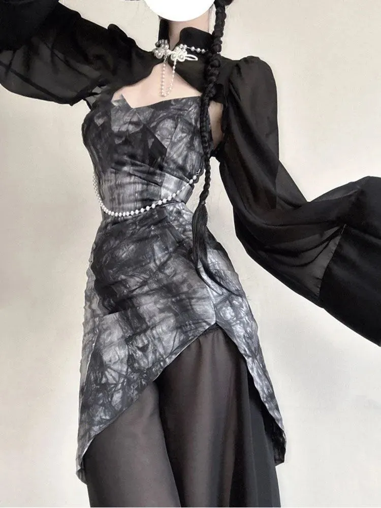 Joskaa 2024 Summer Vintage Black 2 Piece Dress Set Women Turtleneck Y2k Crop Tops Even Party Strap Midi Dress Slim Fashion Suit Chic