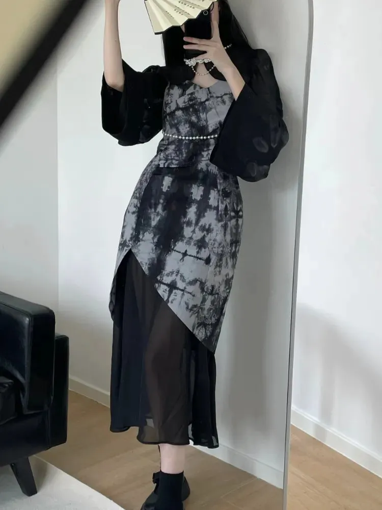 Joskaa 2024 Summer Vintage Black 2 Piece Dress Set Women Turtleneck Y2k Crop Tops Even Party Strap Midi Dress Slim Fashion Suit Chic