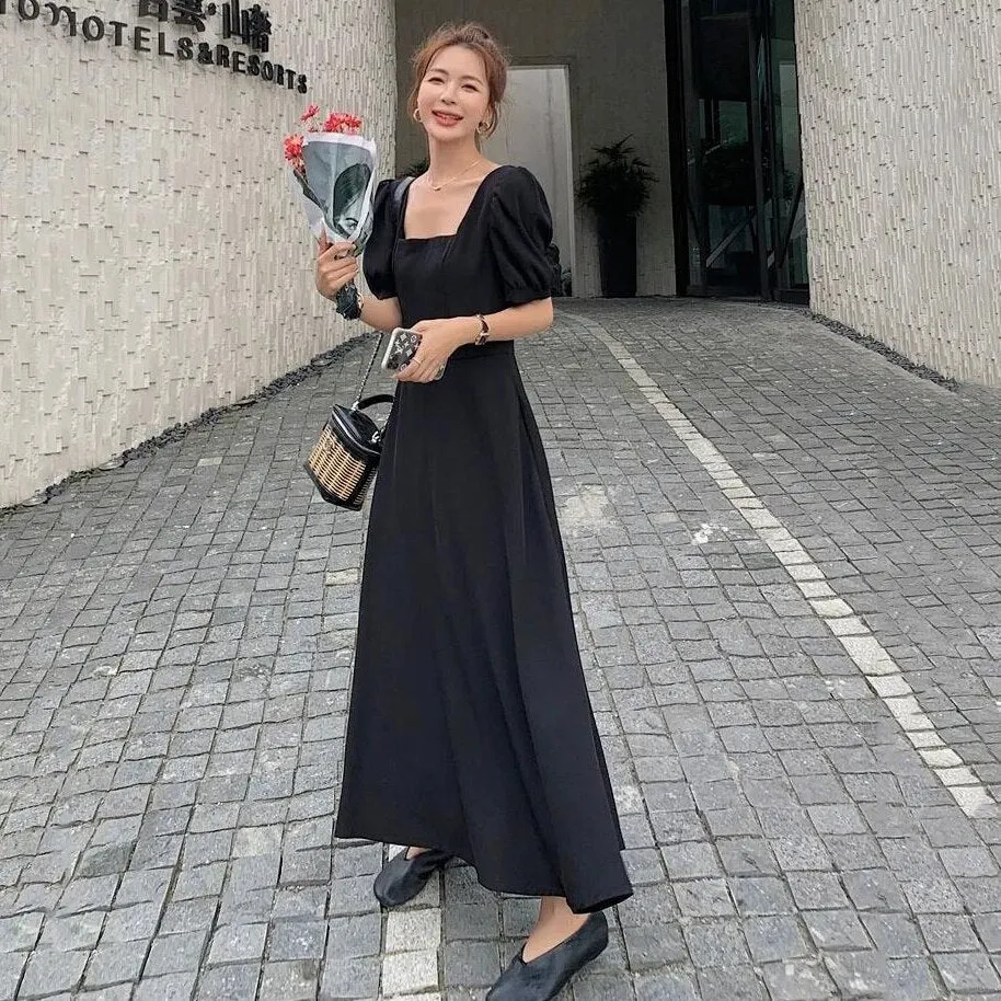 Joskaa Christmas Gift Dress Womens Chic Vintage Black High Waist Square Collar Puff Sleeve Bow A-line Classy Retro Elegant French Female Clothing New