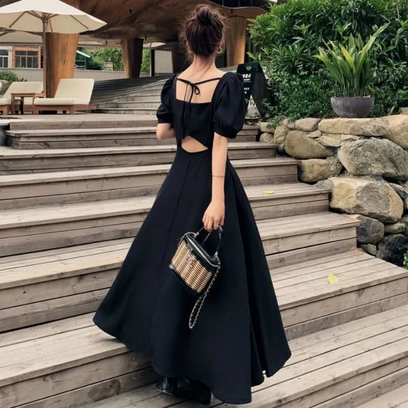 Joskaa Christmas Gift Dress Womens Chic Vintage Black High Waist Square Collar Puff Sleeve Bow A-line Classy Retro Elegant French Female Clothing New