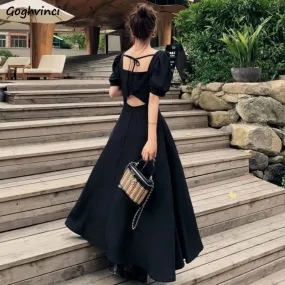 Joskaa Christmas Gift Dress Womens Chic Vintage Black High Waist Square Collar Puff Sleeve Bow A-line Classy Retro Elegant French Female Clothing New