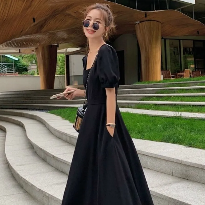 Joskaa Christmas Gift Dress Womens Chic Vintage Black High Waist Square Collar Puff Sleeve Bow A-line Classy Retro Elegant French Female Clothing New