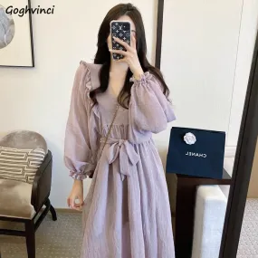 Joskaa Christmas Gift Long Puff Sleeve Dress Women V-neck Bow Purple Dresses Chiffon Spring Females Pleated French Sweet BF Korean Style Fashionable