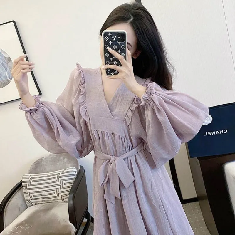 Joskaa Christmas Gift Long Puff Sleeve Dress Women V-neck Bow Purple Dresses Chiffon Spring Females Pleated French Sweet BF Korean Style Fashionable