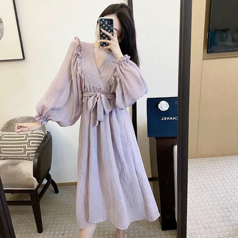Joskaa Christmas Gift Long Puff Sleeve Dress Women V-neck Bow Purple Dresses Chiffon Spring Females Pleated French Sweet BF Korean Style Fashionable