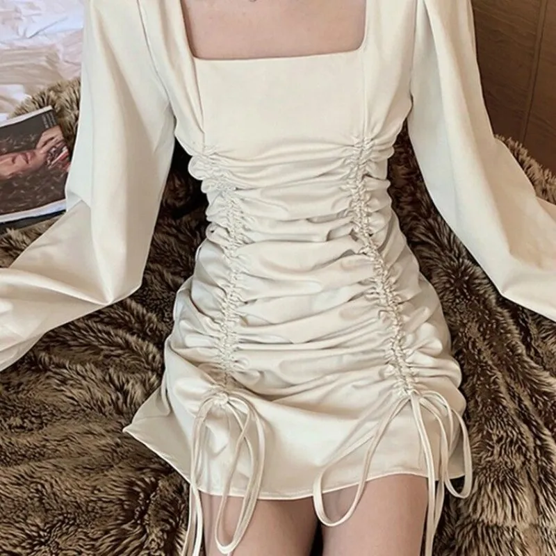 Joskaa hoco dresses Christmas Gift Long Sleeve Dress Draped Solid Puff  Square Collar  Mini Dresses Abdomen Slim Elegant Chic Female Clothing Fashion