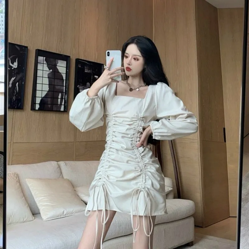 Joskaa hoco dresses Christmas Gift Long Sleeve Dress Draped Solid Puff  Square Collar  Mini Dresses Abdomen Slim Elegant Chic Female Clothing Fashion