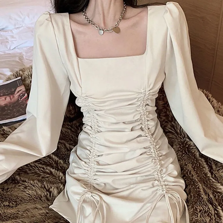 Joskaa hoco dresses Christmas Gift Long Sleeve Dress Draped Solid Puff  Square Collar  Mini Dresses Abdomen Slim Elegant Chic Female Clothing Fashion