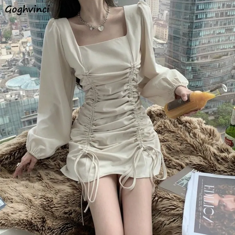 Joskaa hoco dresses Christmas Gift Long Sleeve Dress Draped Solid Puff  Square Collar  Mini Dresses Abdomen Slim Elegant Chic Female Clothing Fashion