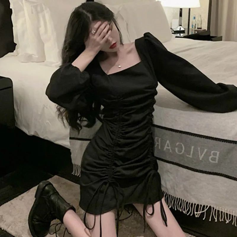 Joskaa hoco dresses Christmas Gift Long Sleeve Dress Draped Solid Puff  Square Collar  Mini Dresses Abdomen Slim Elegant Chic Female Clothing Fashion