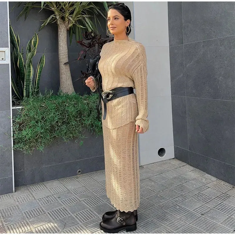 JOSKAA Women Elegant Solid Knitted Skirt 2 Piece Set Long Sleeve Pullover Loose Straight Skirts Suit 2024 Autumn Female Chic Outfit