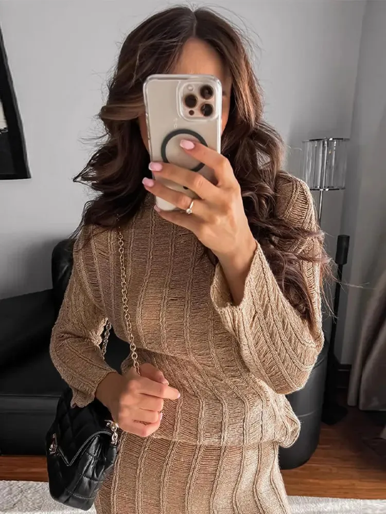 JOSKAA Women Elegant Solid Knitted Skirt 2 Piece Set Long Sleeve Pullover Loose Straight Skirts Suit 2024 Autumn Female Chic Outfit