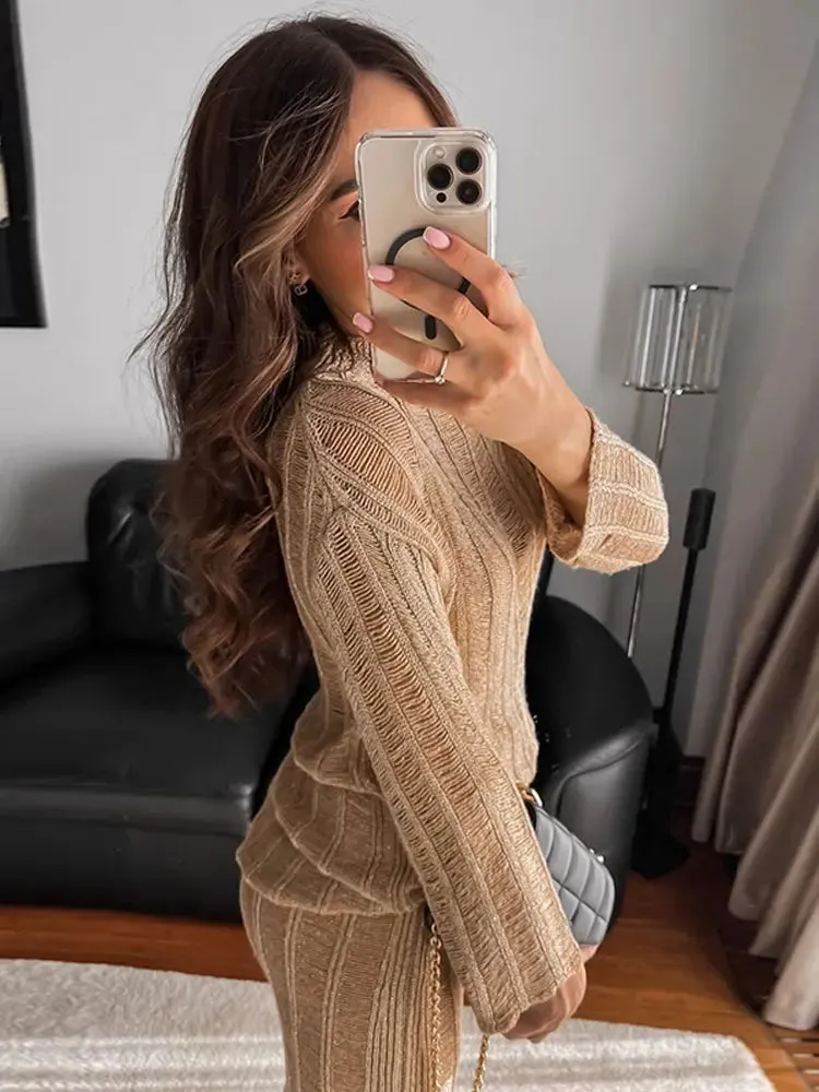 JOSKAA Women Elegant Solid Knitted Skirt 2 Piece Set Long Sleeve Pullover Loose Straight Skirts Suit 2024 Autumn Female Chic Outfit