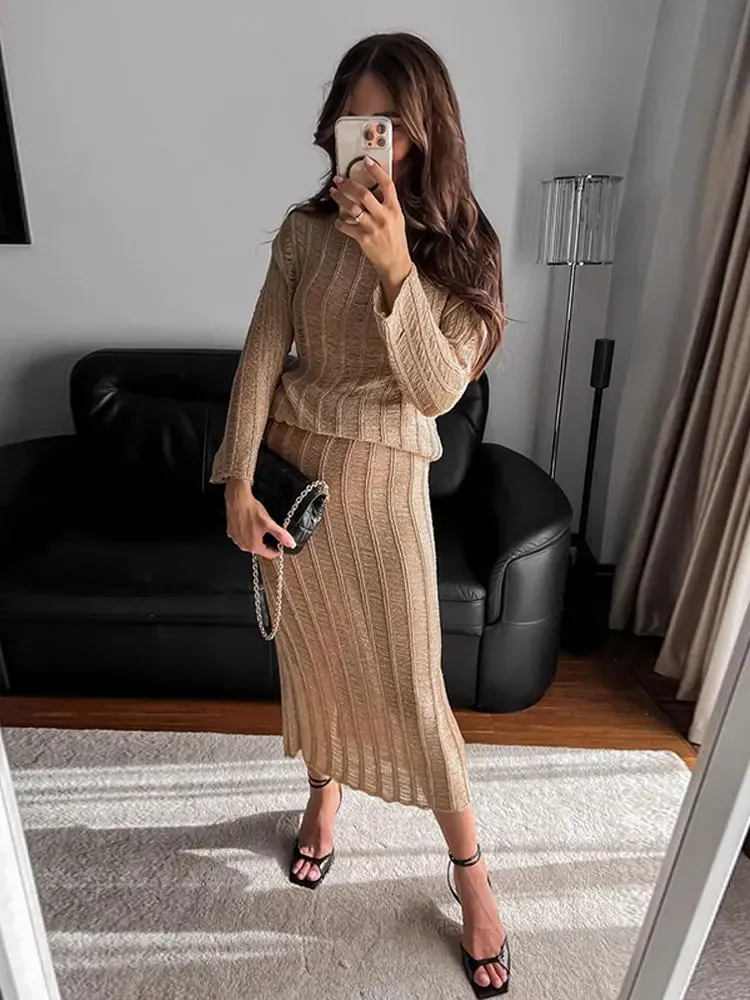 JOSKAA Women Elegant Solid Knitted Skirt 2 Piece Set Long Sleeve Pullover Loose Straight Skirts Suit 2024 Autumn Female Chic Outfit