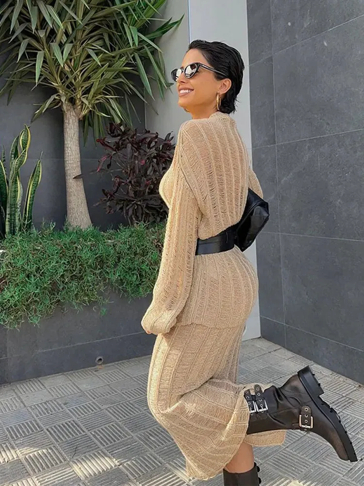 JOSKAA Women Elegant Solid Knitted Skirt 2 Piece Set Long Sleeve Pullover Loose Straight Skirts Suit 2024 Autumn Female Chic Outfit