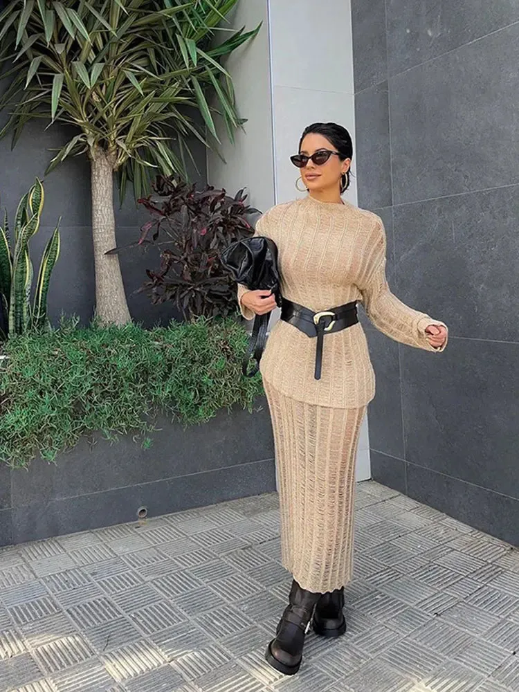 JOSKAA Women Elegant Solid Knitted Skirt 2 Piece Set Long Sleeve Pullover Loose Straight Skirts Suit 2024 Autumn Female Chic Outfit