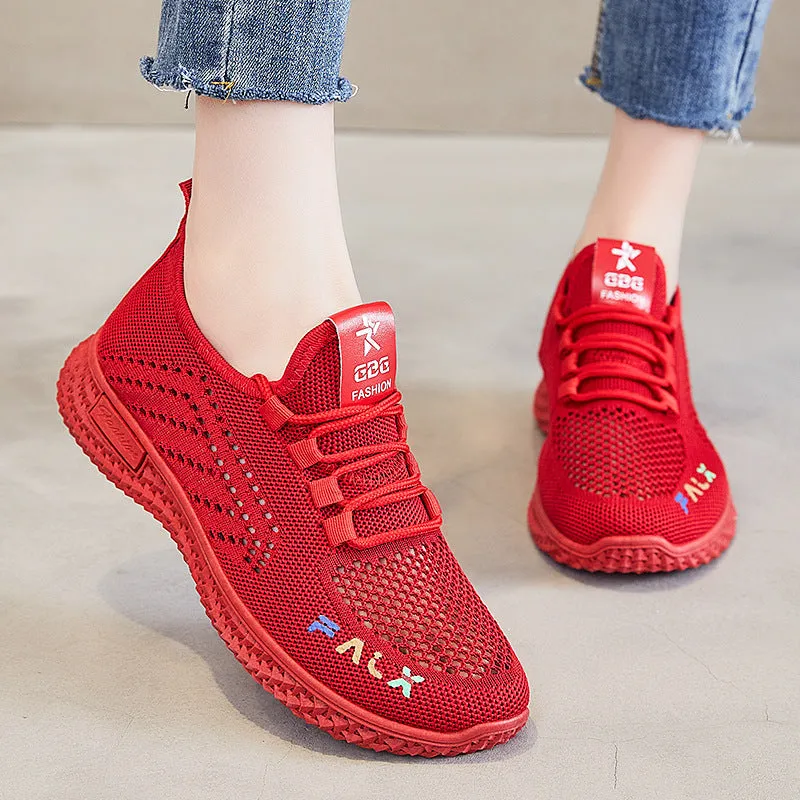 Ladies Lace Up Pull on Knit Running Shoes Sneakers