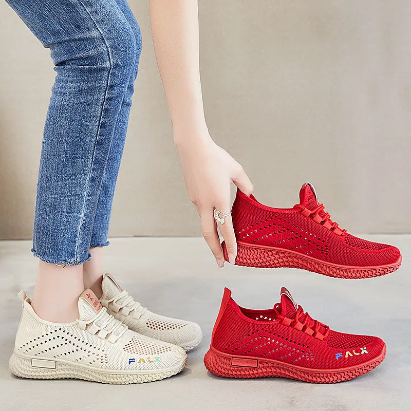 Ladies Lace Up Pull on Knit Running Shoes Sneakers