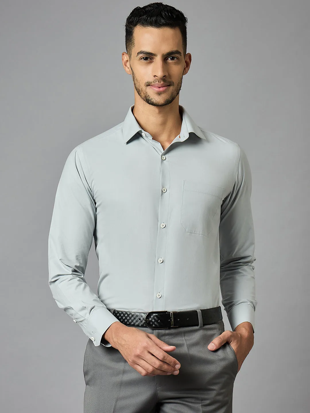 Men's Solid Grey Full Sleeves Regular Fit Formal Shirt