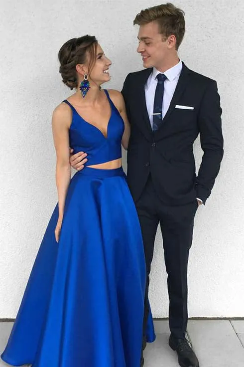 Sexy Royal Blue Two-Pieces Long Prom Dress Chic Satin Blue Formal Evening Dress OK414