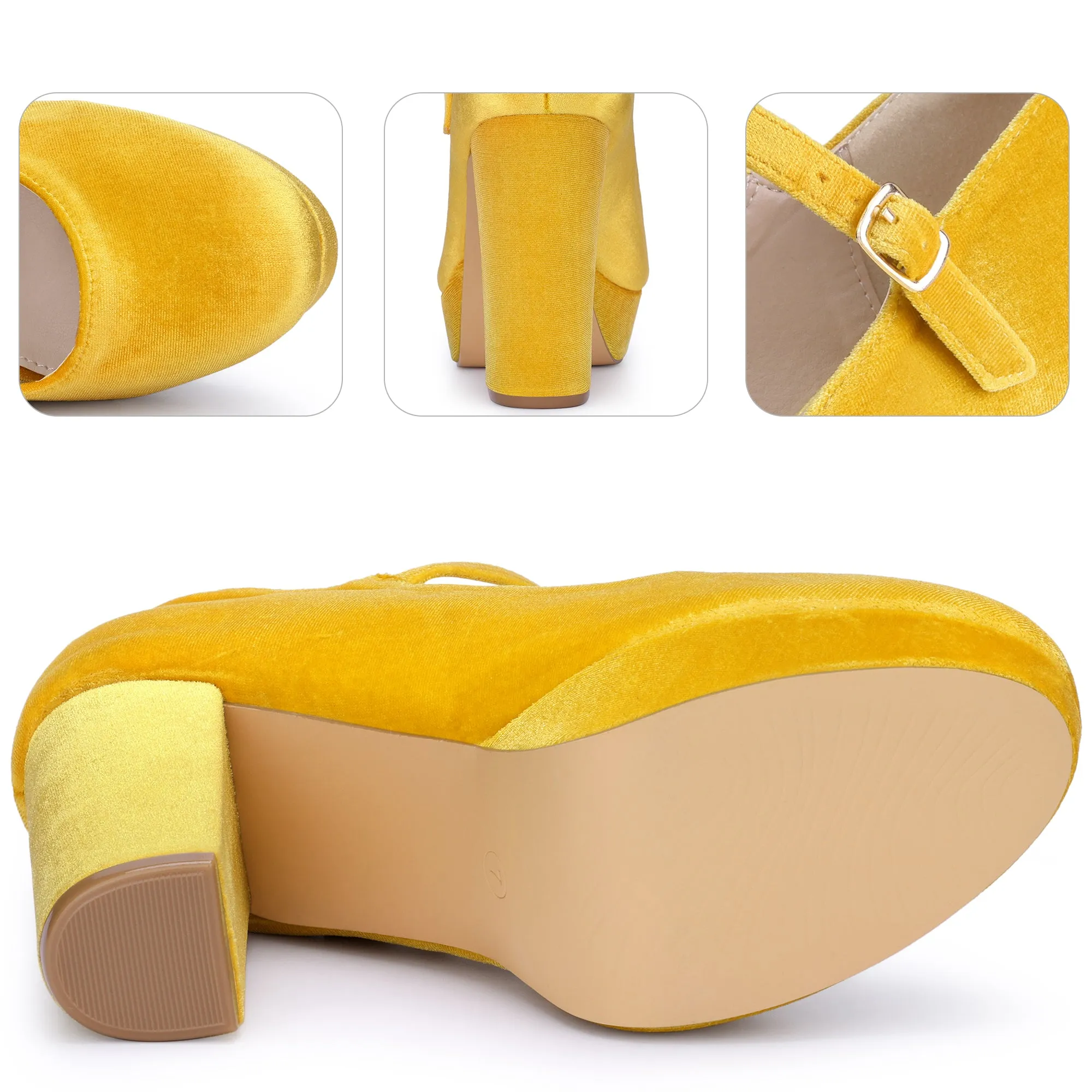 Velvet Ankle Strap Platform Block Heels Mary Janes Pumps for Women