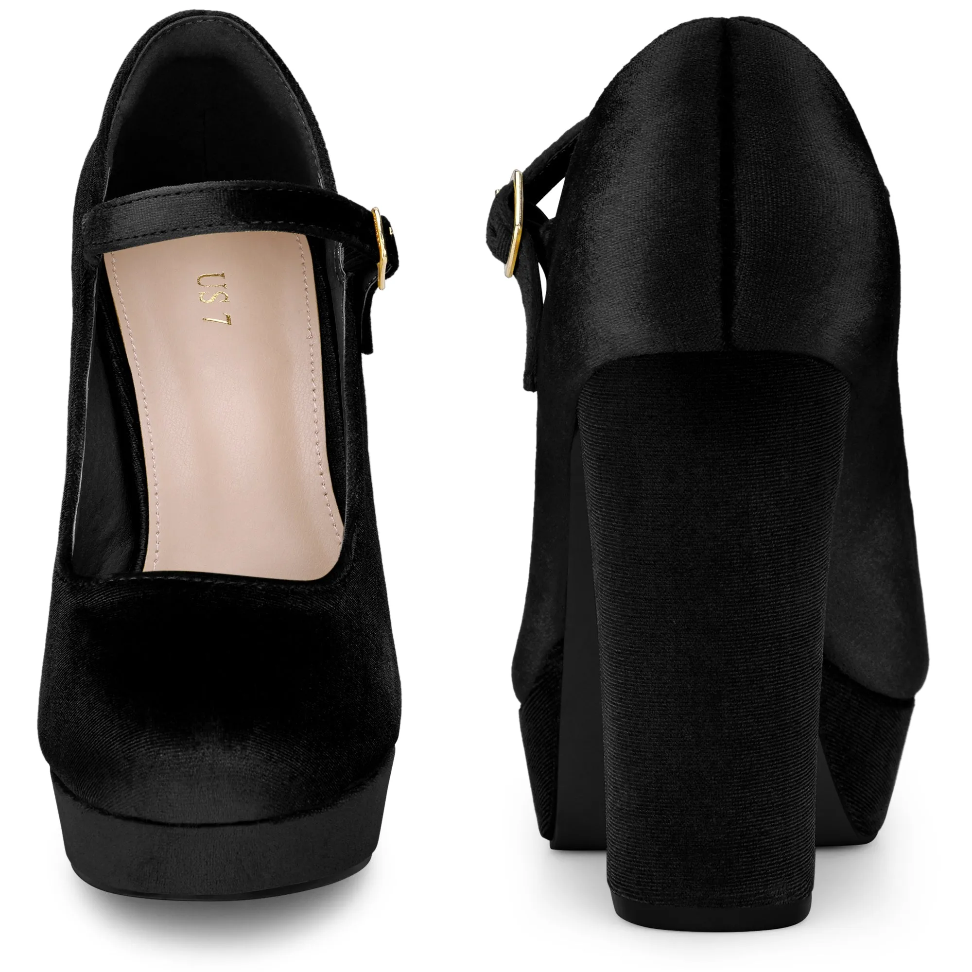Velvet Ankle Strap Platform Block Heels Mary Janes Pumps for Women