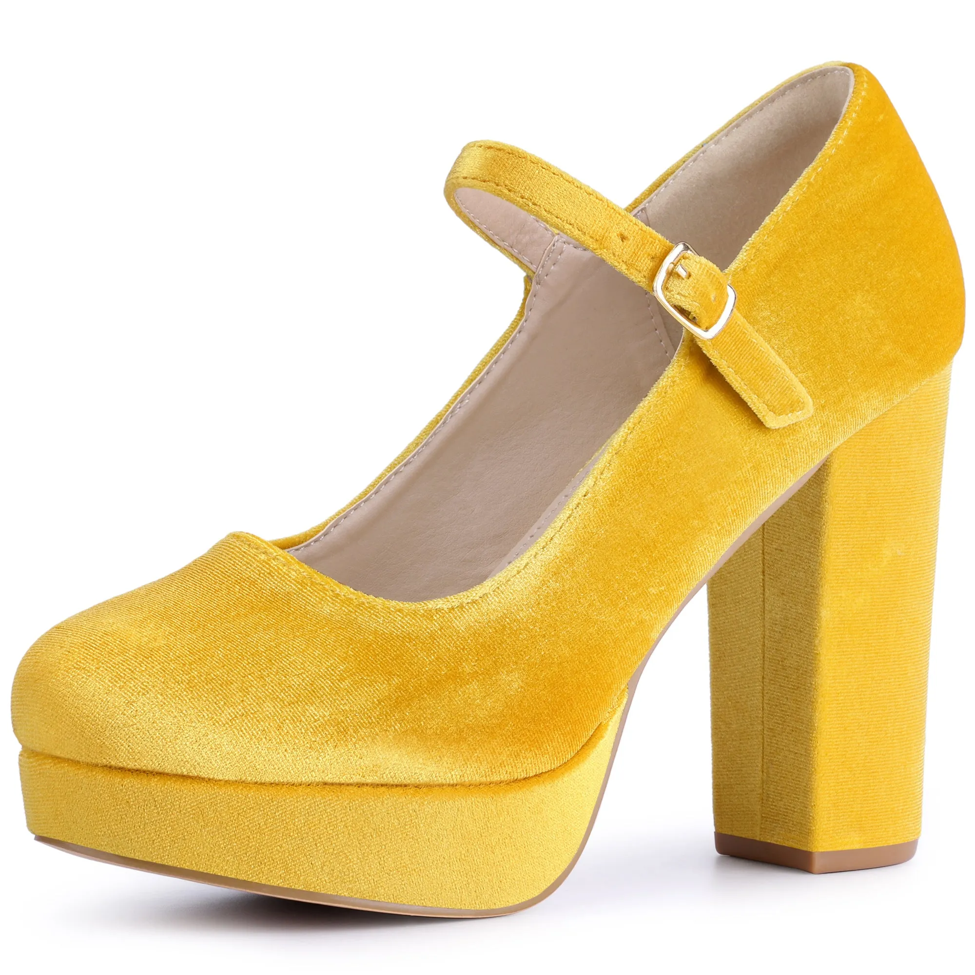 Velvet Ankle Strap Platform Block Heels Mary Janes Pumps for Women