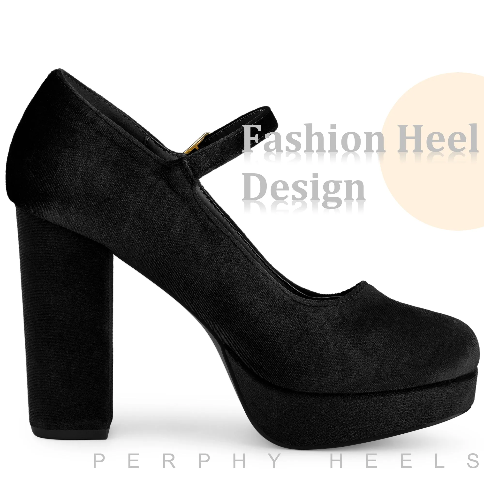 Velvet Ankle Strap Platform Block Heels Mary Janes Pumps for Women