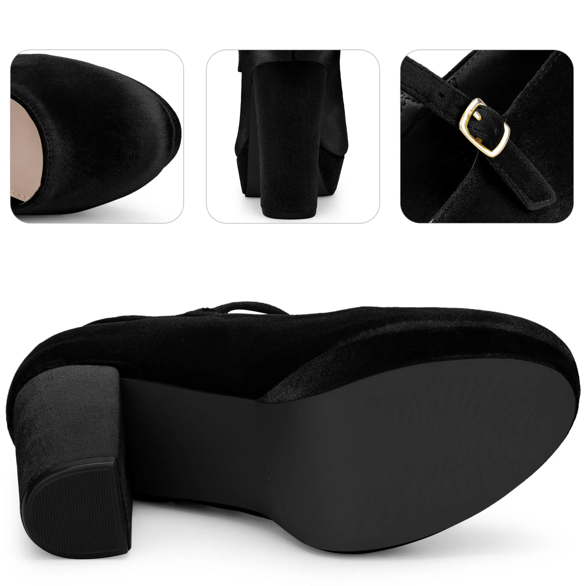 Velvet Ankle Strap Platform Block Heels Mary Janes Pumps for Women